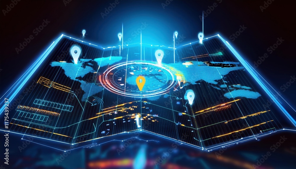 Poster a futuristic digital map displaying global locations with glowing markers and data overlays, emphasi