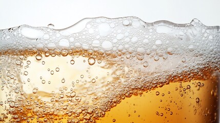 Close-up of Sparkling Amber Liquid with Abundant Bubbles and Frothy Head