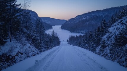Fototapeta premium Winter Wonderland: Serene Frozen Lake and Snowy Pathway in a Majestic Forest Landscape