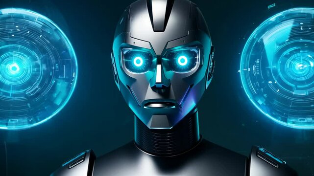 A futuristic humanoid robot with glowing blue LED eyes, set against a digital interface with holographic circular elements.