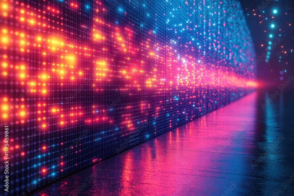 Poster vibrant digital lights create a stunning visual display in an abstract space at night
