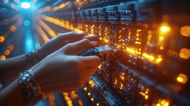 Technician connecting network cable to server.