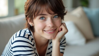 Fototapeta premium A young woman with short, tousled hair and striking blue eyes rests her chin on her hand, exuding warmth and friendliness. The soft, cozy background enhances her inviting smile, creating a serene and