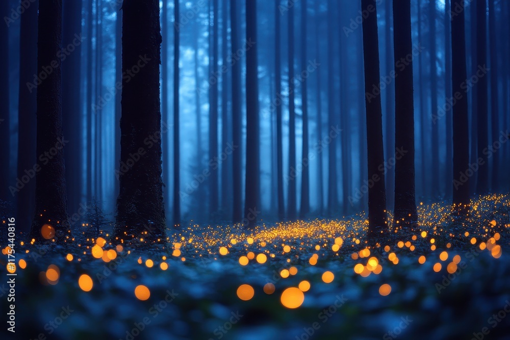 Poster enchanting forest illuminated by fireflies during twilight in a serene natural setting