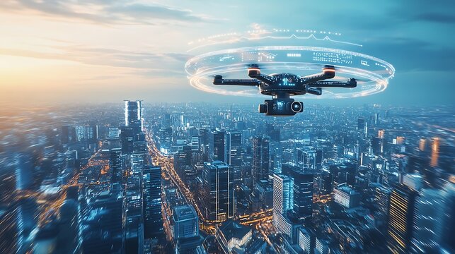 A sleek autonomous drone flying over a smart cityscape, with holographic data overlays highlighting AI-driven navigation systems