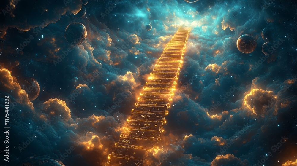Poster cosmic staircase in celestial cloudscape with stars and planets