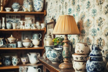 Rustic interior featuring vintage ceramics, charming lamp, and f