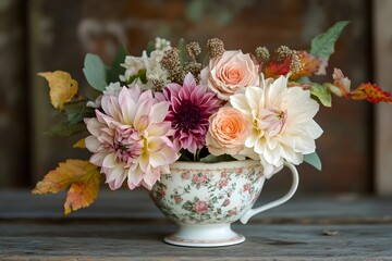 Autumn Pastel Dahlia and Rose Flower Arrangement in Vintage Teacup