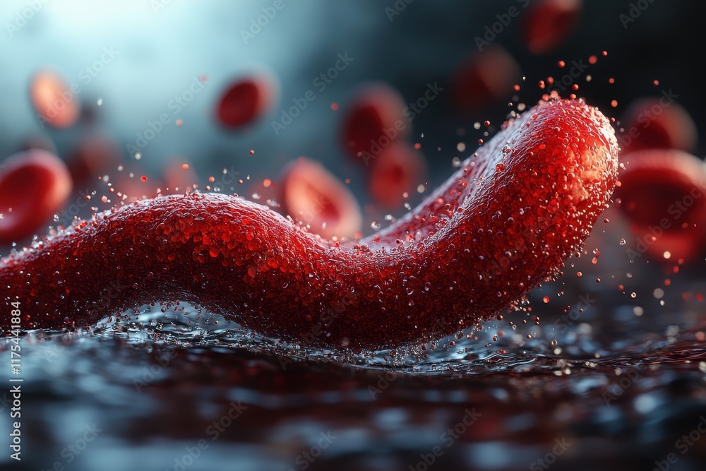 Poster dynamic close-up of a flowing red liquid with droplets and scattering particles in an abstract setti