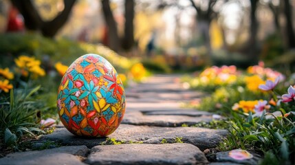 A stone pathway through a park, surrounded by trees and early spring blooms, features a vibrant Easter egg.