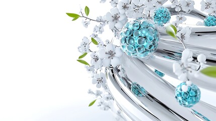 Abstract Spring Floral Design   Shiny Metal  Blue Spheres  White Blossoms