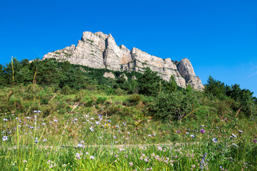 The culminating peak (1589 meters high) of the famous &ldquo;Trois Becs&rdquo; Rochecourbe, le Signal and le Veyou, from Col de La Chaudi&egrave;re, Dr&ocirc;me, France.