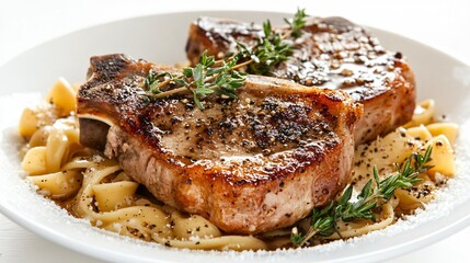 A comforting winter dish of pork chops and noodles, isolated on a snowy white background with a garnish of rosemary and thyme