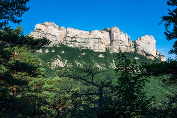 Les Trois Becs, mountain of the French Alps of the south, from the village of La Chaudière, Drôme, France. The culminating peak (1589 m) of the famous “Trois Becs” Rochecourbe, le Signal and le Veyou.