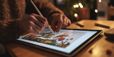 An artist's hands work on a digital illustration using a stylus on a tablet, revealing the fusion of creativity and technology under soft, ambient lighting.