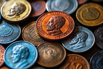 Collection of antique coins featuring historical figures displayed on a textured surface