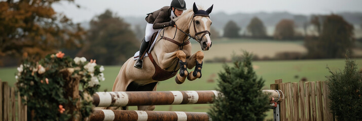 An equestrian rides a horse gracefully over a wooden jump in a lush green field, showcasing skill, focus, and athleticism against a backdrop of nature.