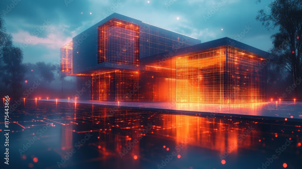 Poster futuristic architectural design, digital blueprint integration, illuminated grid patterns, innovativ