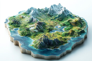 A 3D model of a mountainous island surrounded by ocean