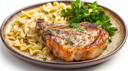 A hearty serving of pork chops and noodles with a creamy sauce, isolated on a vintage ceramic plate with parsley garnish