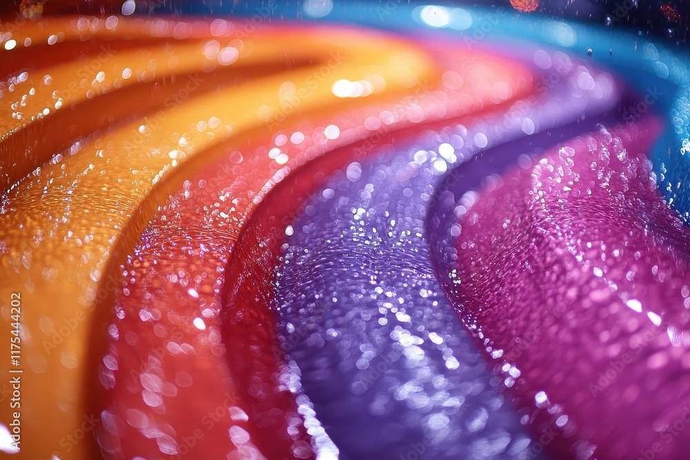 Poster colorful abstract patterns of flowing liquid creating a vibrant rainbow effect during a bright sunny