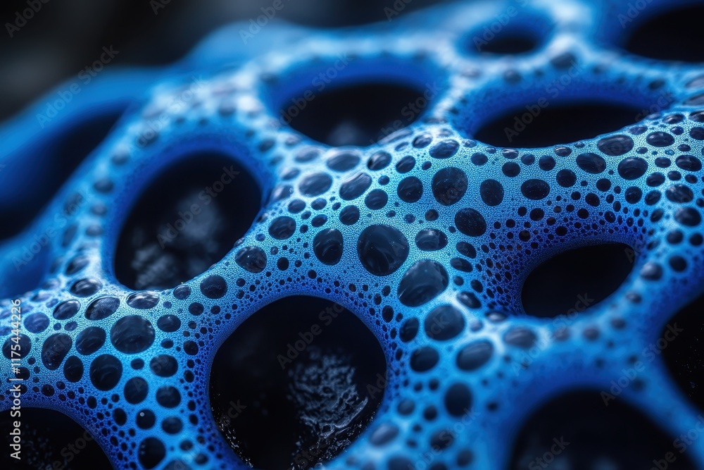 Aufkleber close-up view of a textured blue surface with bubbles highlighting natural patterns in light