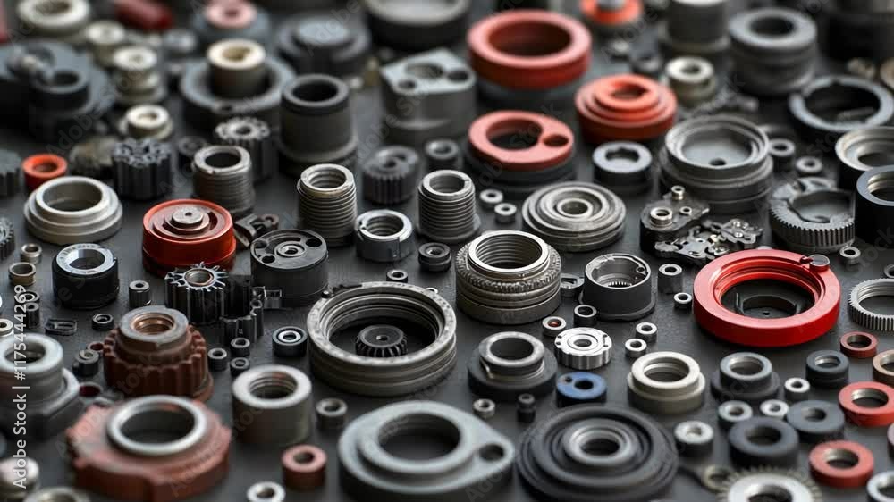 Poster collection of assorted mechanical parts displayed on a dark surface highlighting precision engineeri