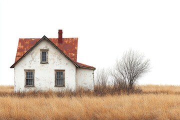 Obraz premium Abandoned Farmhouse in Winter Grassland Scene