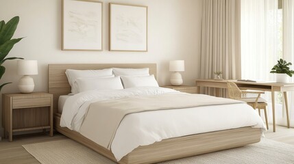 A serene minimalist bedroom with cream-colored walls, soft lighting, and a simple bed with neutral-colored linens, showcasing a calm and peaceful atmosphere.
