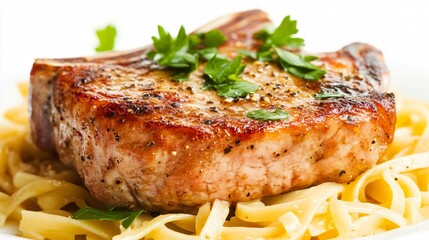 A perfectly seared pork chop resting on a bed of buttery noodles, isolated on a clean white background with parsley garnish