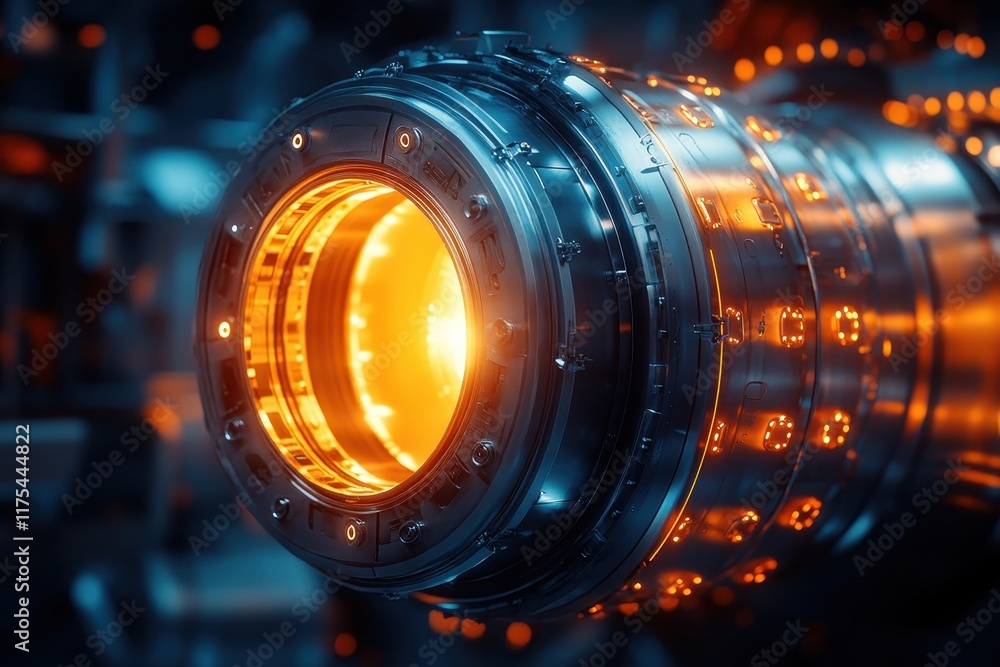 Poster detail of a high-tech jet engine component showcasing vibrant orange glow and complex machinery in a