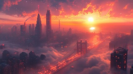 Naklejka premium Futuristic city skyline, illuminated bridges, vibrant sunset horizon, dynamic urban landscape, advanced architecture, serene evening glow