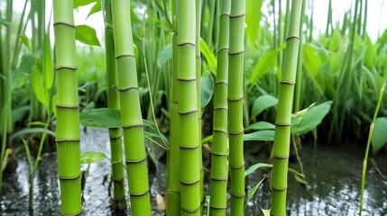Lush green bamboo stalks growing in a serene natural environment.