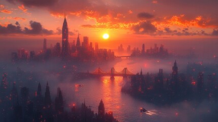 Naklejka premium Futuristic Cityscape with Glowing Bridges and Vibrant Sunset Horizon, a stunning blend of innovation and natural beauty in urban design