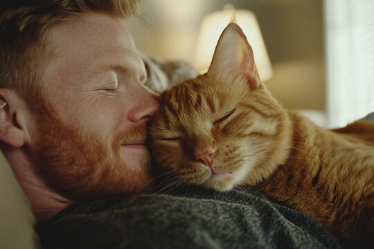 A close-up shot of a ginger cat head-butting its owner&rsquo;s forehead while they sit on a couch. The cat&rsquo;s eyes are half-closed in contentment, and the human&rsquo;s face is filled with joy.