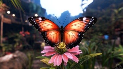 Obraz premium A vibrant butterfly perched on a pink flower in a lush environment.