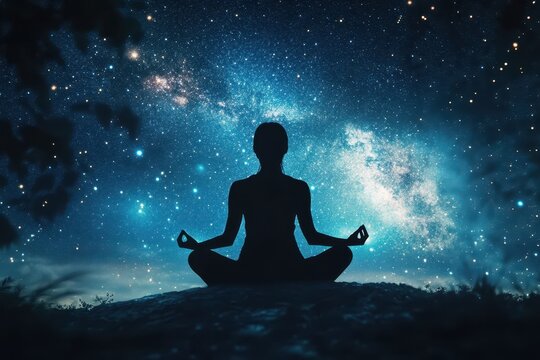 A mystical and cosmic scene of a person meditating in a lotus position