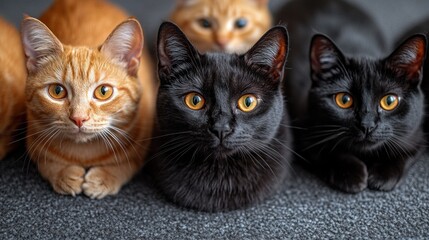 Three cute kittens, two black and one ginger, lying down and looking at the camera.