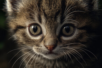 A close-up shot of a kitten&rsquo;s adorable face, with a soft pink nose and delicate white whiskers standing out against its fur. The kitten&rsquo;s expression is sweet and curious.