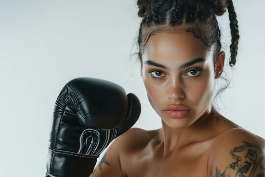 Portrait of a beautiful young woman mulata in boxing gloves, posing isolated on a white background. wearing sportswear and looking at the camera, striking with her glove,