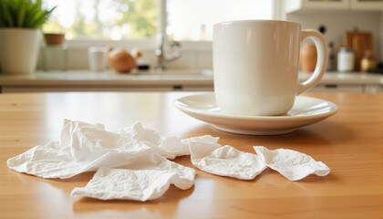 Cup and tissues on wooden table in a kitchen setting