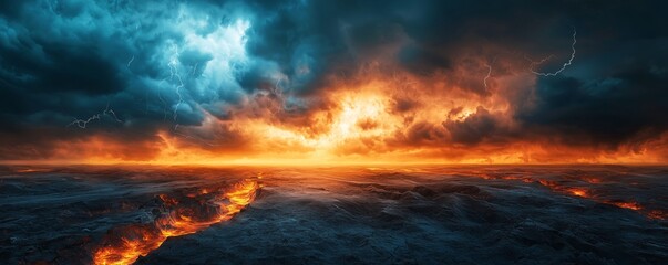 Obraz premium Dramatic Sky with Lightning Over Fiery Landscape and Dark Clouds