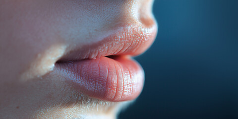 Obraz premium A striking close-up of a person's lips shows every natural texture and contour of the skin, illuminated by soft lighting that highlights every subtle detail.