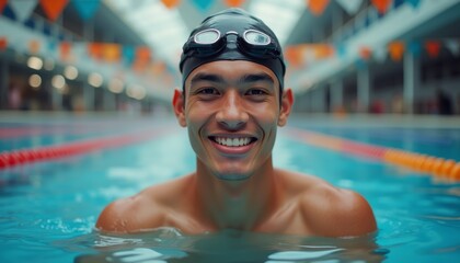 A young man with a beaming smile, wearing a swim cap and goggles, emerges from the water in a vibrant indoor pool. His joyful expression radiates confidence and enthusiasm, capturing the essence of