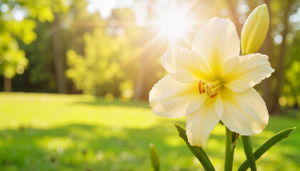 Yellow flower blooming in sunlight against green background