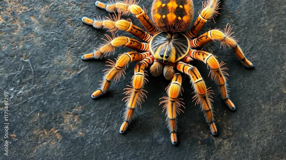Poster colorful tarantula on a dark surface showcasing intricate patterns and vibrant colors in a close-up 