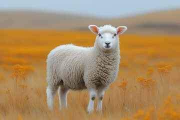 White Sheep Standing In Autumn Field Of Gold