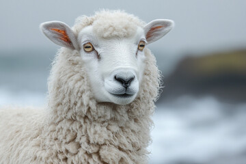 Fototapeta premium Fluffy White Sheep Portrait Against Blurred Background