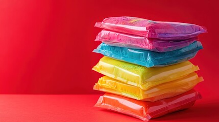 Brightly colored packets stacked elegantly against vivid red bac