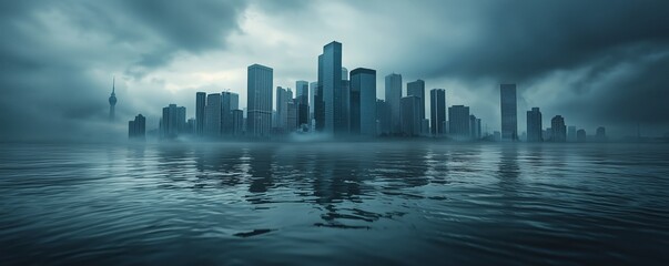 Fototapeta premium Foggy Cityscape Reflection on Water with Dramatic Sky View